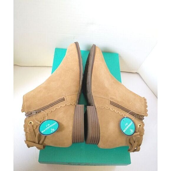 New! JACK ROGERS Charlotte Scalloped Suede Ankle Booties Boots Waterproof Oak - Picture 8 of 10